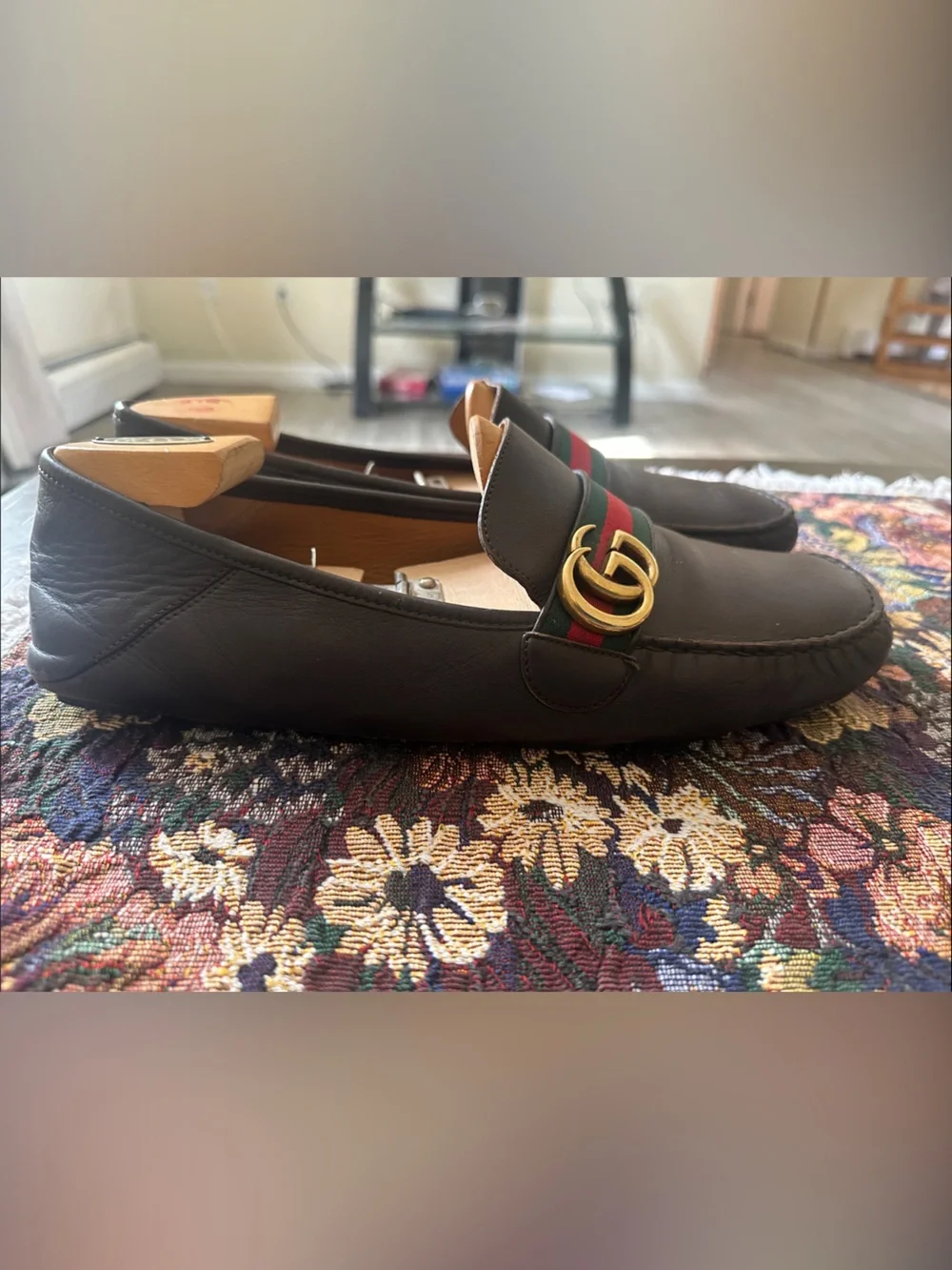 Gucci GG Gold Green Red Web Brown Leather Men’s Driving Loafers Size 12 G